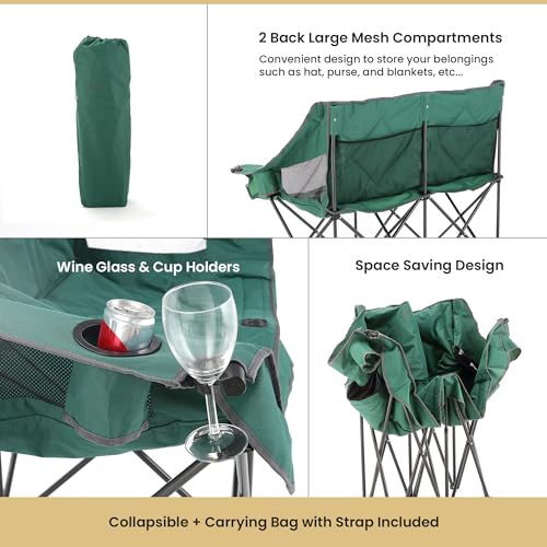 ARROWHEAD OUTDOOR Portable Folding Double Duo Camping Chair Loveseat w/ 2 Cup & Wine Glass Holder, Carrying Bag, Supports ...