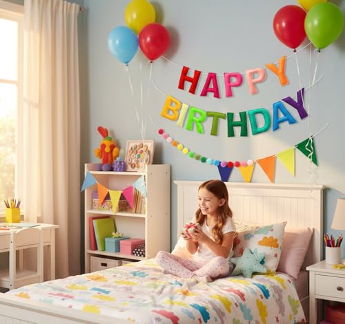 3D Happy Birthday Banner Set – Pre-Strung Reusable Rainbow Happy Birthday Decorations with Felt Ball Garland, Triangle Fla...