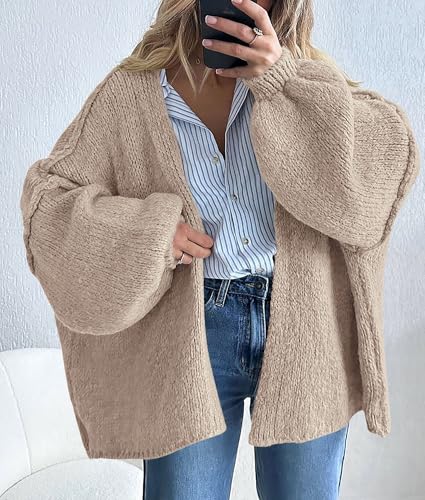 PRETTYGARDEN Womens Oversized Cardigan Sweaters 2026 Fall Long Lantern Sleeve Knit Open Front Lightweight Sweater