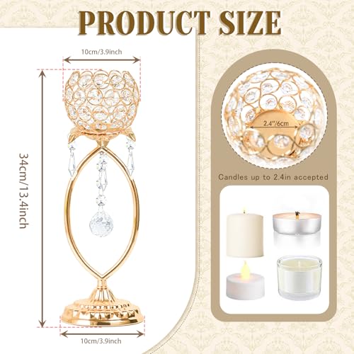 kehail 2 Pcs Gold Elegant Metal Crystal Tea Light Candle Holders with Bling Crystal Pendants, Hollow Design - Wedding Tabl...