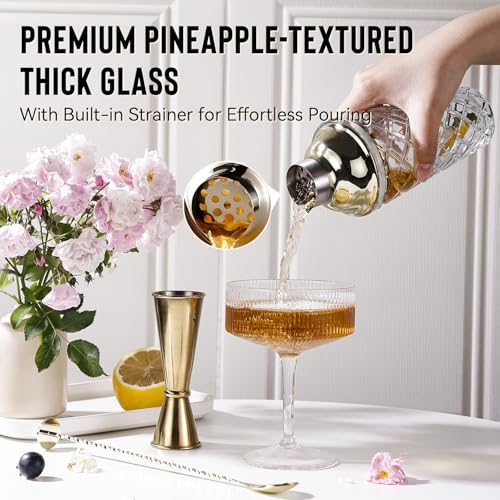 Glass Cocktail Shaker Set with Built-in Strainer – 16oz Thickened Pineapple Glass Gold Shaker Set, Gold Jigger & Bar Spoon...