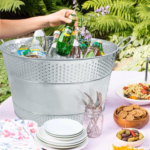 Biugaaufai 15.3 x 9 x 7.48 inches Silver Metal Galvanized Tub with Handles, 4 Gallon Galvanized Beverage Tubs for Parties,...