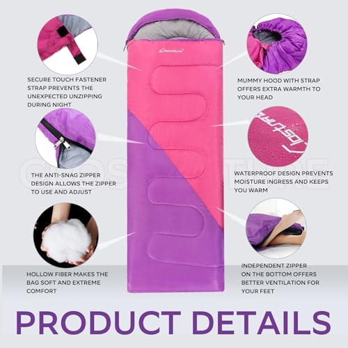 Clostnature Sleeping Bag for Adults and Kids - Lightweight Camping Sleeping Bag for Girls, Boys, Youths, Ultralight Backpa...