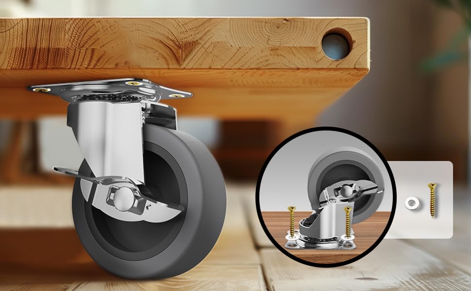 BOSGEOT 3 Inch Caster Wheels, Casters Set of 4, Heavy Duty Caster with Brake, Locking Castors with Rubber Wheel，Plate Swivel Caster Wheels for Furniture Cart and Workbench