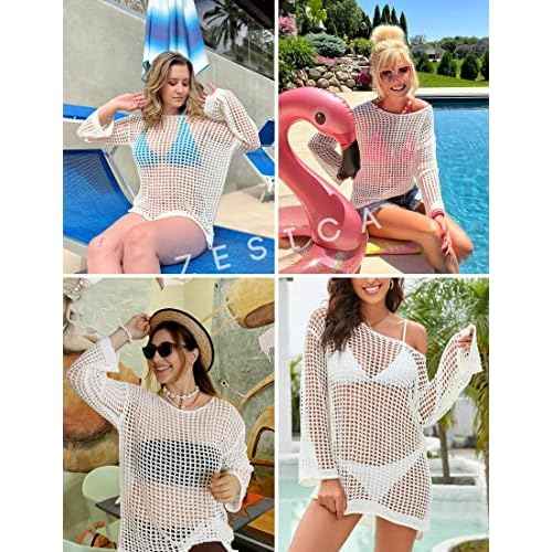 ZESICA Women's 2025 Summer Crochet Hollow Out Long Sleeve Beach Bikini Swimsuit Mesh Cover Up Tunic Top