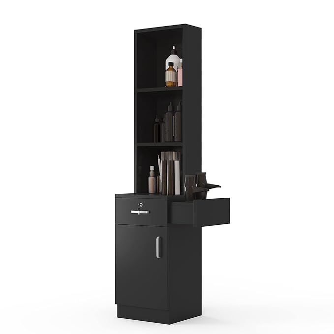 Paddie Hair Salon Stations, Lockable Barber Stations Wall Mount Salon Equipment for Hair Stylist with 1 Lockable Drawer, 3 Holders & 1 Storage Cabinet (with Holders, Black)