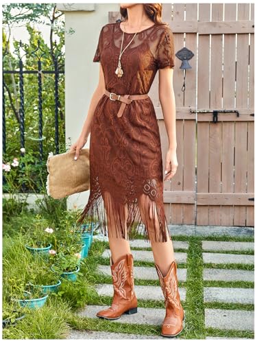 WDIRARA Women's Western Concert 2 Piece Outfits Short Sleeve Sheer Fringe Dress and Cami Dress Set