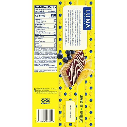 LUNA Bar - Mash-Ups LemonZest + Blueberry Flavor - Snack Bars - Non-GMO - Gluten-Free Protein Bars - Made with Organic Oats (15 Pack)