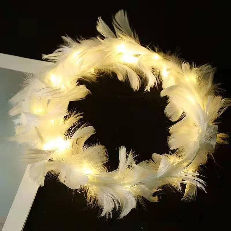 winvin LED Feather Wreath Crown Headband Light-Up Angel Halo Headband For Girl Women Festival Holiday Wedding Party Cosplay