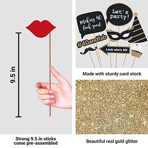 Fully Assembled 40th Birthday Photo Booth Props - Set of 30 - Black & Gold Selfie Signs - 40th Party Supplies & Decoration...