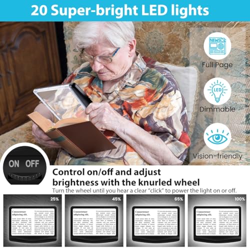 Rechargeable 5X Magnifying Glass for Reading, Large Bright Full Page Magnifier with Light, Handheld LED Dimmable Lighted, ...