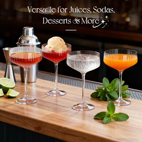 VIMERPA Coupe Glasses, 10oz Ribbed Coupe Martini Glass Set of 4, for Martini Cocktail, Wine, Champagne, Espresso, Crystal ...