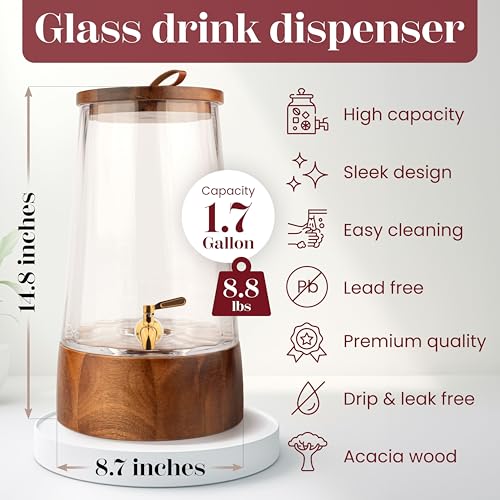 FOODLE Large Glass Drink Dispenser with Spigot - Glass Beverage Dispenser with Stand - Perfect for Parties & Weddings - Pi...