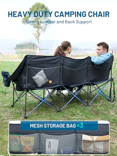 TIMBER RIDGE Padded 3 Person Camping Chair with Cup Holders and Pockets, Outdoor Folding Loveseat Camping Chairs, 1050lbs ...
