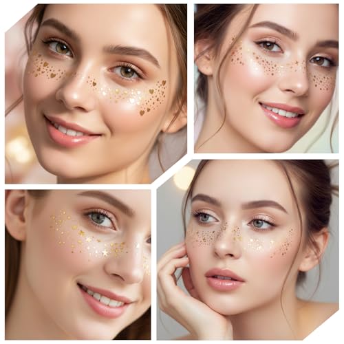 LXUEJIE 10 PCS Gold Face Glitter Makeup Speckles, Glow Up Makeup Patches Face Tattoo Glitter Speckles Patches Cosmetic Gli...