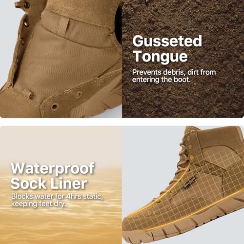 FREE SOLDIER Men's Durable Work Boots 6 Inches Lightweight Waterproof Hiking Boots Suede Leather Tactical Boots