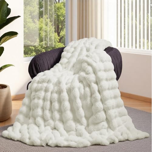 Lotus Karen Faux Fur Throw Blanket Cream White - Big Bubble Rabbit Fluff Blanket for Couch, Small Fluffy Fuzzy Cozy Blanke...