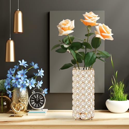 8 Pcs Gold Crystal Flower Vase and Pillar Candle Holder Set, 7.87" Metal Cylinder Stand for Wedding Table Centerpieces, Fl...