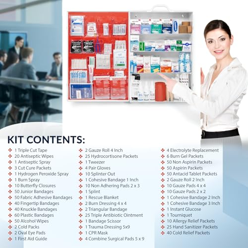 MFASCO Commercial Wall Mount 4 Shelf First Aid Kit - OSHA & ANSI Compliant, Refillable Metal First Aid Cabinet for Busines...