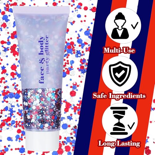 Red White and Blue Body Glitter - 4th of July Outfit Accessories for Women & Kids, USA Flag Face Glitter Makeup, Holograph...