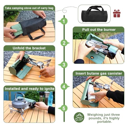 Hisencn Portable Camping Stove with Storage Bag | 8871 BTU/2600W High-Power Outdoor Gas Stove for Hiking, Picnic, RV Trips...