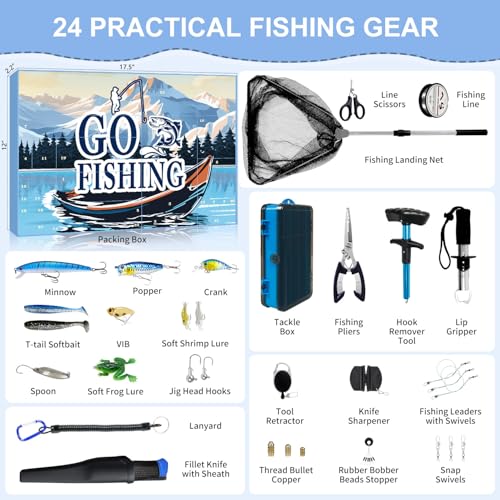 MH MYLUNE HOME Fishing Advent Calendar 2025-24 Days Fishing Tools and Lures Kit for Fisher Adult Men Teen, Fish Net, Hook ...