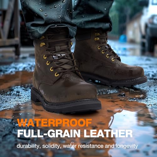 NINGO Steel Toe Work Boots for Men, Waterproof Comfortable Leather Industrial & Construction Boots, Oil & Slip Resistance ...