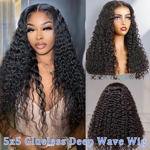 Glueless Wigs Human Hair Pre Cut 5x5 Lace Closure Deep Wave Wig 180% Density Wear and Go Human Hair Curly Wigs for Black Women Natural Black Color Small Head Friendly 26Inch