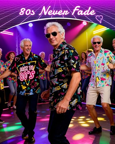 Zando 90s 80s Outfit for Men - Funny Retro Short Sleeve Button Down Hawaiian Shirt for Disco & Themed Party & Beach