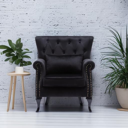 DM Furniture Mid Century Accent Chair Modern Button Tufted Armchair Club Chair Velvet Wingback Single Sofa Lounge Chair with Pillow for Living Room Bedroom, Black