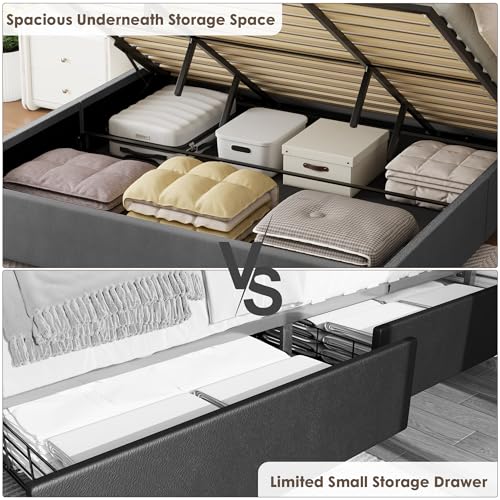 MaiDeHaoo Queen Size Lift Up Storage Bed with Headboard, Velvet Bed Frame with Headboard, Platform Bed with Lift Up Storage, Wood Slats Support, No Noise, Gray