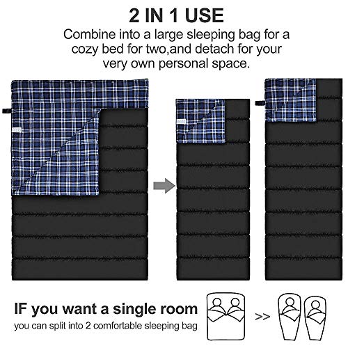 AGEMORE Cotton Flannel Double Sleeping Bag for Camping, Backpacking Or Hiking. Queen Size 2 Person Waterproof Sleeping Bag...