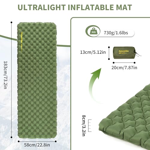 Naturehike 25oz Ultralight Sleeping Pad, Insulated Inflatable Sleeping Pad 4.6R, Lightweight Sleeping Mat for Camping, Hik...