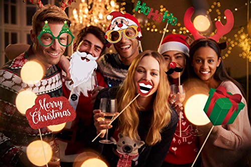 Glitter Christmas Photo Booth Props Kit - 25 Count Large Photography Party Decorations Gifts, Fun Santa Elfie Selfie Posin...