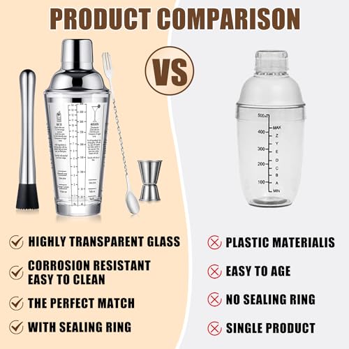 OBALY Glass Cocktail Shaker Stainless Steel Leak-Proof Lid Boston Shaker Martini Shaker Beginner Bartender Kit with Jigger...