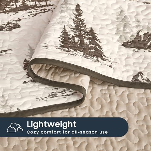 Wake In Cloud - Rustic Quilt Set, Cabin Forest Woodland Camping Theme with Lodge Mountain Print, Reversible Lightweight Be...