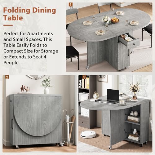 Jocoevol Folding Dining Table for 4 Kitchen Dining Room DinnerTable with Storage Drawer Space Saving Oval Foldable Drop Le...