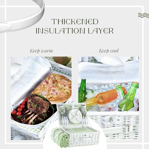 YPshuye Picnic Basket Set for 4 with Waterproof Blanket Mat Insulation Bag Wicker White Green Plaid Classic Fresh Gift for...