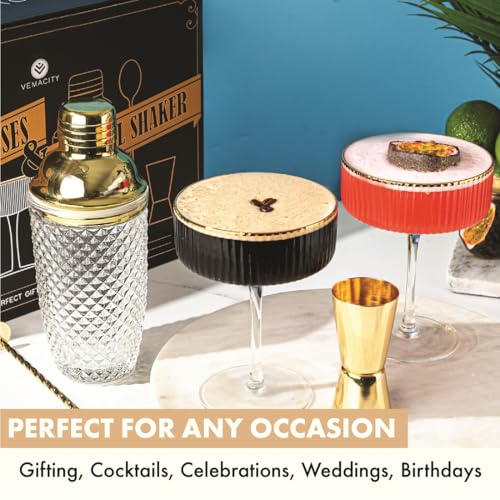 VEMACITY - Luxury Gold Cocktail Shaker Set - 15oz Glass Shaker with Strainer + 2 Gold-Rim Ribbed Martini Glasses (10oz) & ...