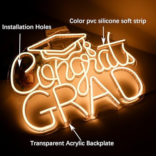 Congrats Grad LED Neon Sign, Graduation Party Decor, 16.5×12.6 Inch Warm White Grad Light Up Letters, Adjustable Congrats ...