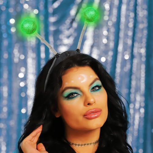 Sixexey Light Up Alien Headband LED Martian Antenna Hair Band Space Costume Hair Accessories for Halloween Party