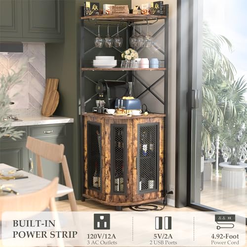 Aheaplus Corner Bar Cabinet with Power Outlet, Industrial Wine Cabinet with LED Strip and Glass Holder, 5-Tiers Liquor Cab...