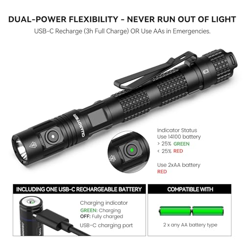 Guardtier ML70 1500 Lumen EDC Flashlight Rechargeable, Pen Style Self Defense Compact Tactical Flashlight with 2AA Dual Po...