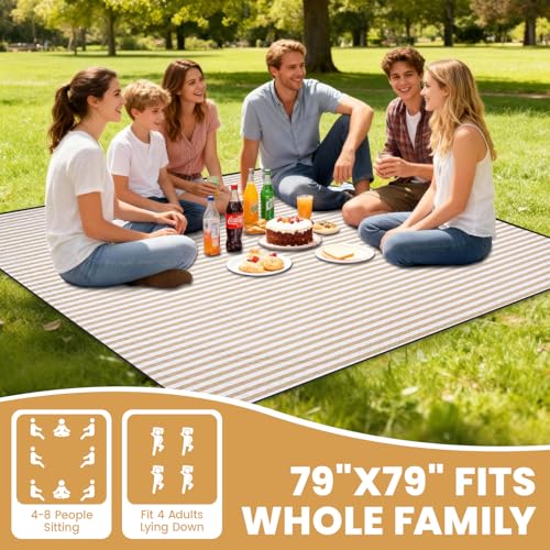 G GOOD GAIN Waterproof Picnic Blanket, 79"x79" Extra Large Beach Mat for 6 to 8 Adults, Machine Washable Outdoor Blanket f...