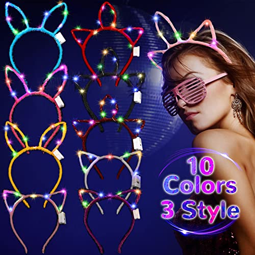 Janinka 60 Pcs Glow in the Dark Headbands Set, Cat Ear Headband Unicorn Rabbit Bunny Lighted Ear Headband Bulk for Women G...