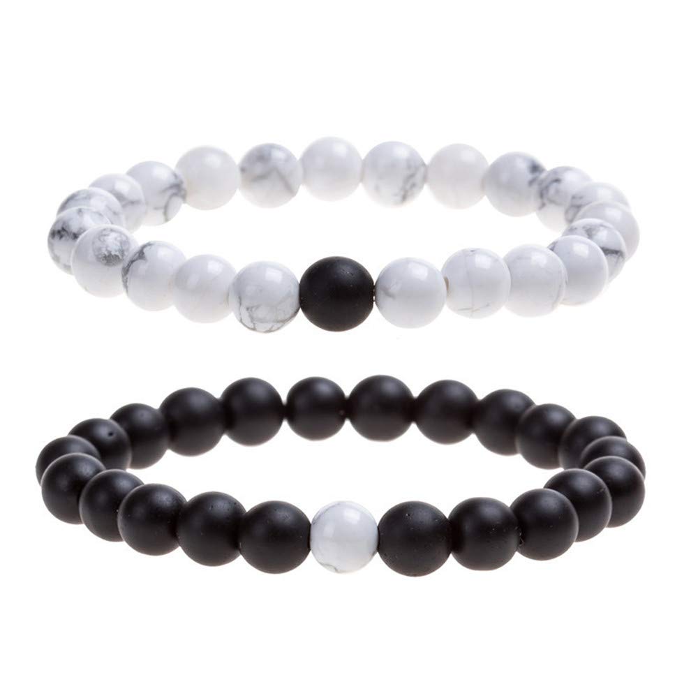 CNLQ Long Distance Bracelets For Lovers Couples Matching Gift Matte Agate 8mm Bead Stone (Elastic Red) (Elastic White)
