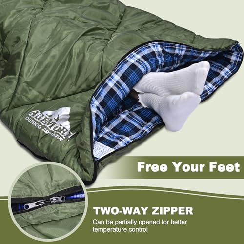 AGEMORE Cotton Flannel Sleeping Bag with Fleece Lined Hood, Waterproof XL Sleeping Bag for Adults, for Cold Weather Campin...