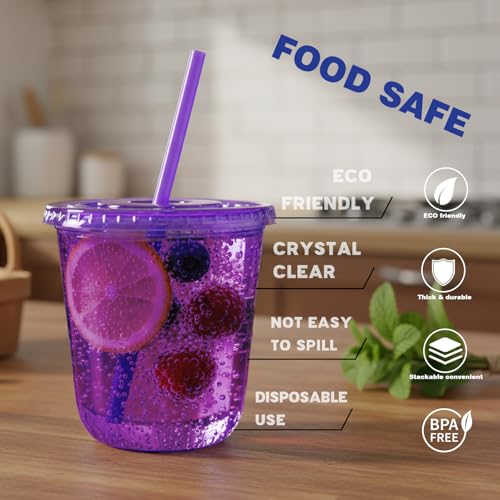 Xuelimei 12oz Disposable Stemless Glasses with Flat Lids and Straws,PET Disposable Drinking Cups,Clear Plastic Wine Glasse...