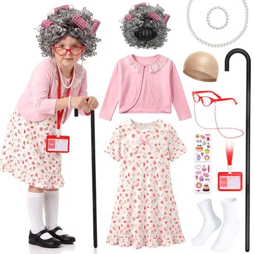 VGOFUN Old Lady Costume for Kids,100 Days of School Costume for Girls,100th Day Grandma Costume Granny Cosplay Dress Up Ou...