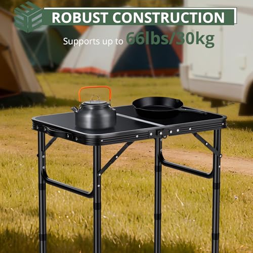 EYPINS Folding Camping Table Portable - Pure Black Aluminum 22.8x15.7'',3 Height Adjustable Small Outdoor Folding Table,Wa...